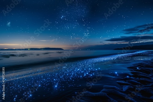 Bioluminescent plankton light up the calm sea, creating a mesmerizing display of sparkling stars in the sky on a beach