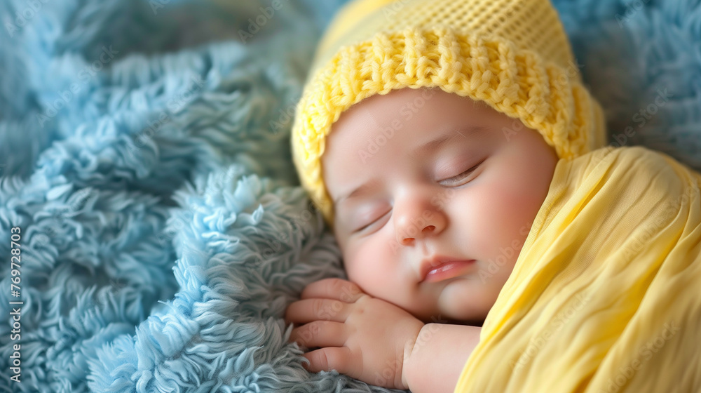Cute newborn baby sleeping in a yellow cap and blanket on a blue fur background in a closeup portrait photo. Cute newborn baby sleeping in a yellow cap and blanket on a blue fur background in a closeup portrait photo.