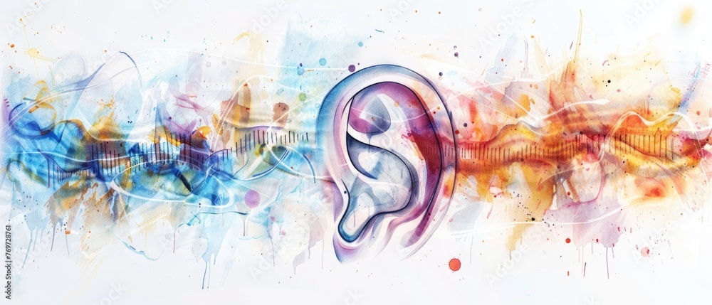 A watercolor painting showing the delicate dance of sound waves through the ear, highlighted with splashes of color , 3D illustration - obrazy, fototapety, plakaty 