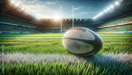 a hyper-realistic image of a rugby ball placed in the center of an outdoor rugby field