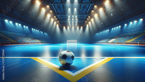 A realistic and detailed image featuring a futsal ball placed in the center of an indoor futsal court photo