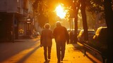 Happy older people enjoy evening walks, full of joy and dynamism, appreciating the unique atmosphere of a bright sunset and street lights.