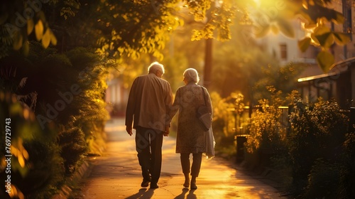 A happy old couple is full of vitality, enjoying each other and the beauty of the evening sunset outdoors.