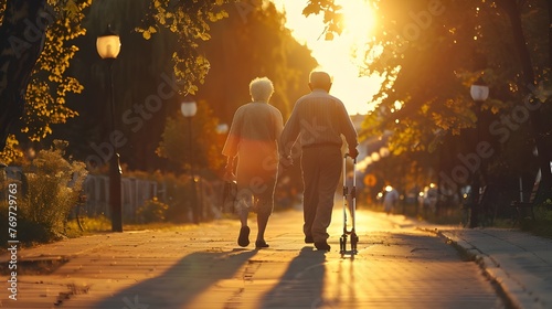 Elderly people enjoy outdoor activities surrounded by beautiful street lighting and a bright sunset.