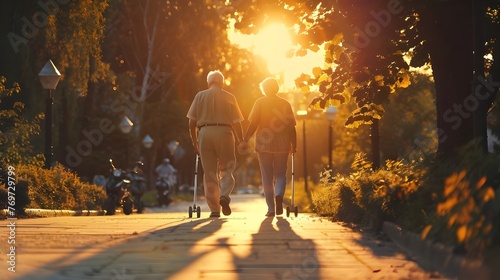 Happy elderly people enjoy a warm evening and a bright sunset together, which gives a special warmth and romance to their relationship.