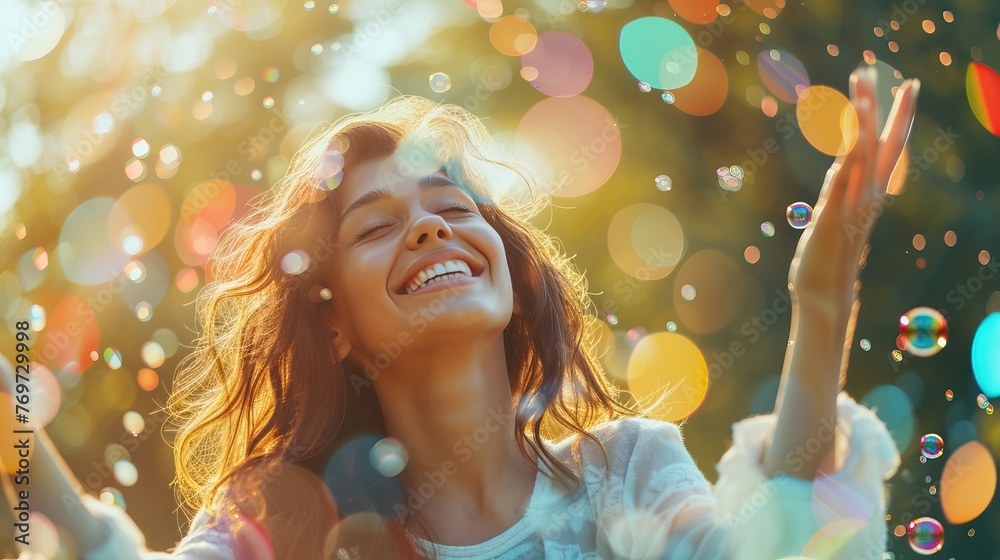 The girl in the field. Smiling with pleasure, the girl enjoys life. particles in the background of the sunset. The girl in the field. Smiling with pleasure, the girl enjoys life. particles in the background of the sunset.