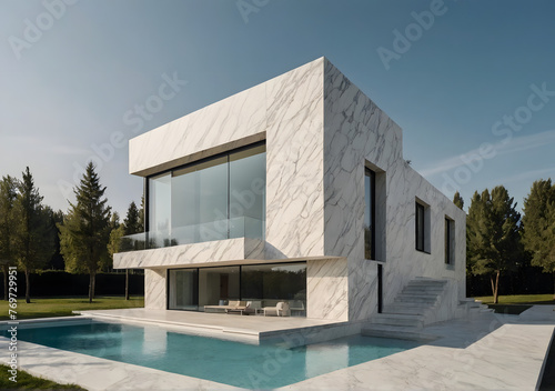 house with a light facade. House in white marble. Modern architecture
