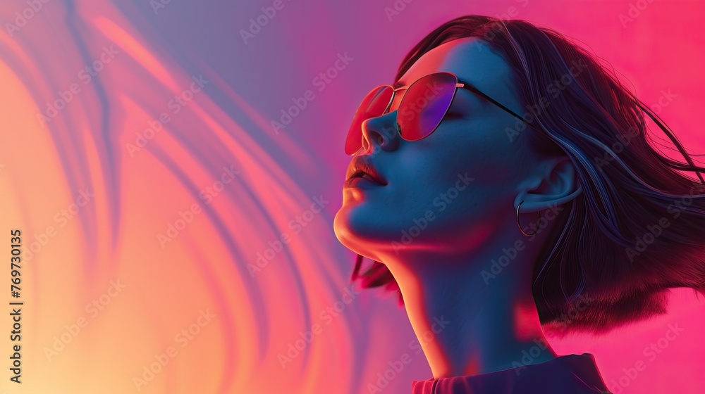 Stylish woman with sunglasses against neon pink background with light effects.