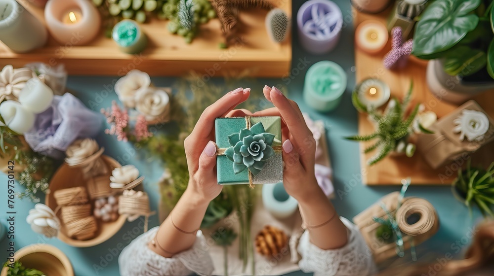 Fototapeta premium Content of crafts. A woman likes to work with flowers in a cozy, sunlit room, perfect for a hobby and a lifestyle.
