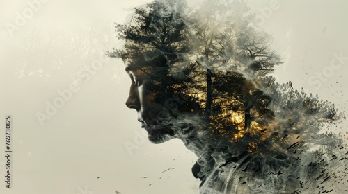 Abstract double exposure masterpiece Human form intertwines with nature in a crime scene motif, evoking mystery and intrigue