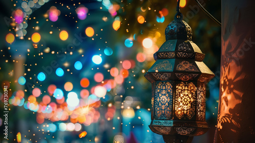 Various colorful Ramadan lamps, Islamic new year concept. Illuminated arabic lantern over the blurred city bokeh light background.