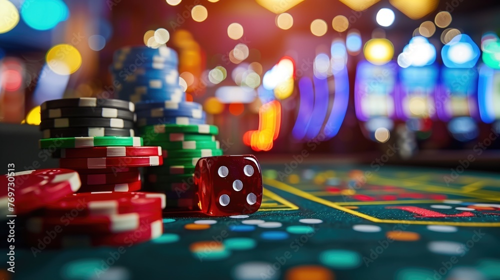 Gambling concept. Close up photo of dice and tokens on the table in the casino. - obrazy, fototapety, plakaty 