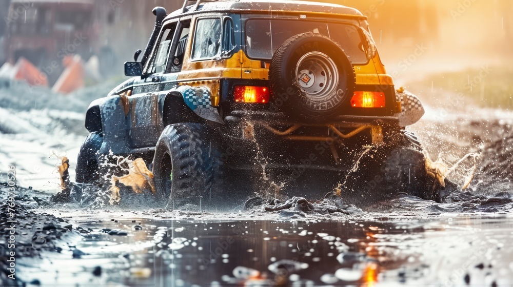 The Unyielding Strength of a Heavy Off-Road Racing Car Braving the Depths of a Water Pit The Unyielding Strength of a Heavy Off-Road Racing Car Braving the Depths of a Water Pit