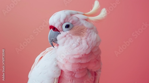 Cute pink parrot presenting on a delicate pink background © Emma