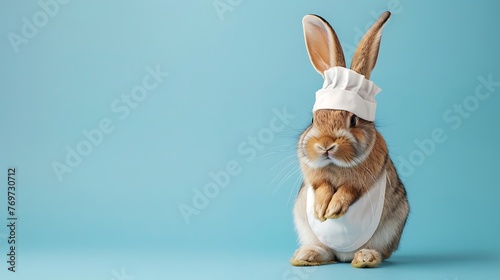 Cute Rabbit in White Culinary specialist Coat on Blue background © Emma