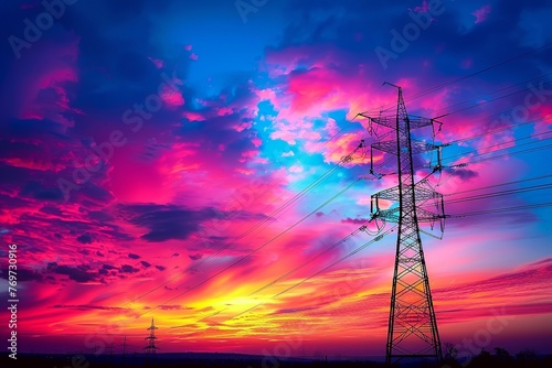 Visualize the silhouette of a high voltage electric tower set against the radiant glow of a sunset, where the dark outline of the structure stands in sharp relief against the colorful evening sky