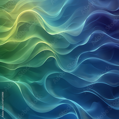 A digital art composition featuring an abstract background with swirling waves of light blue and green, resembling flowing fabric. photo