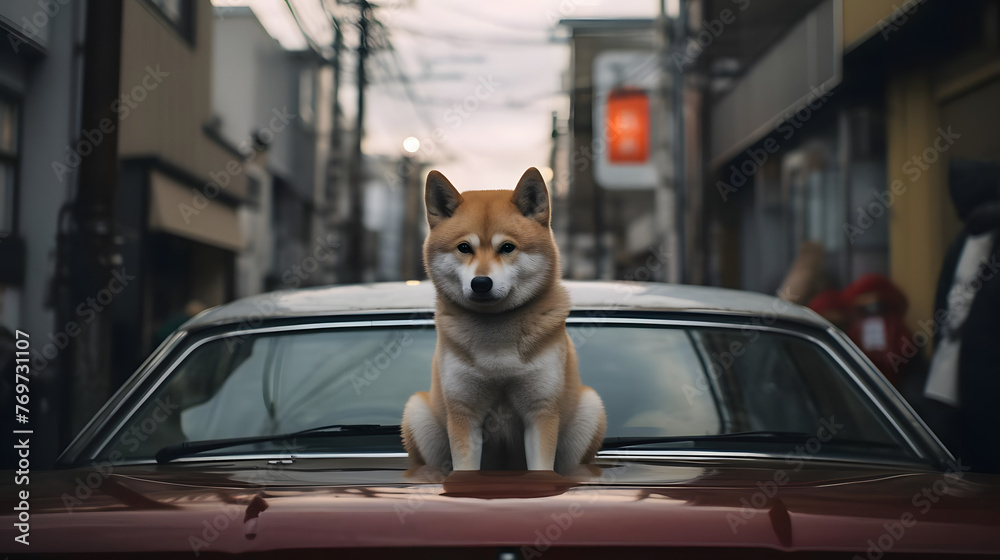 Fototapeta Japanese Loyalty, A Kishu in Japanese Urban Areas. generative ai