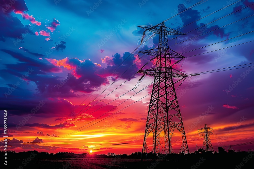 Visualize the silhouette of a high voltage electric tower set against ...