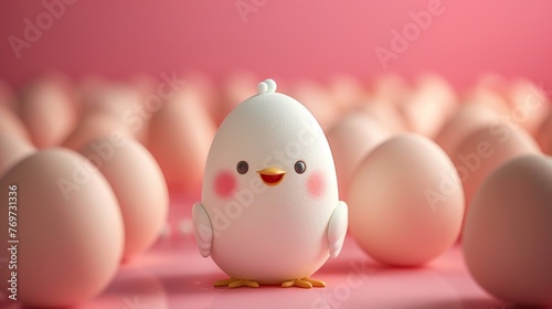 Cute white chick baby chicken character among unhatched eggs. 3d icon realistic illustration photo