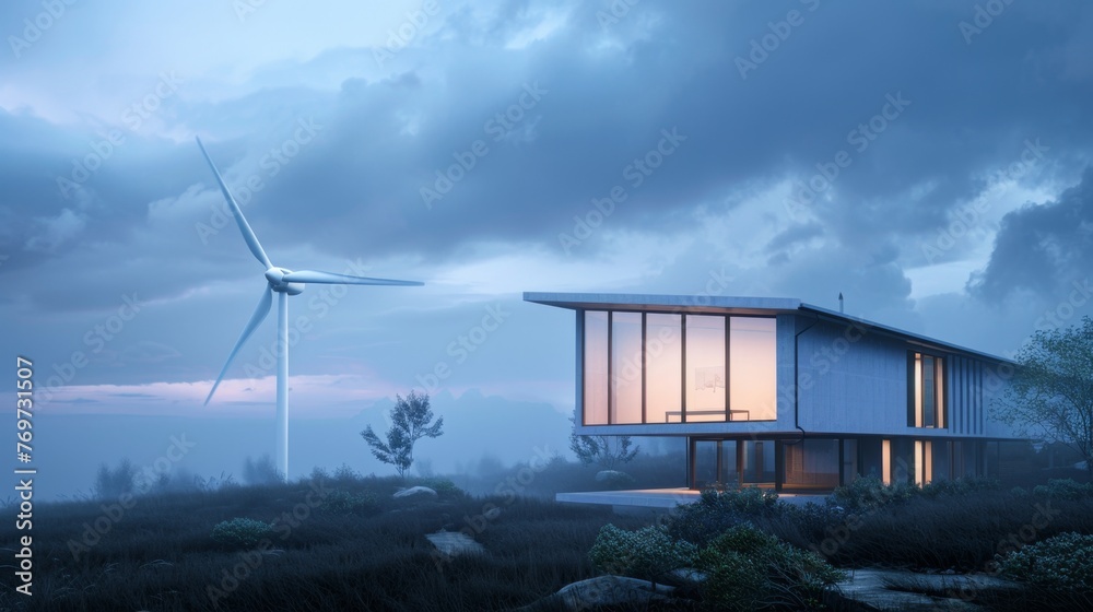 A vision of a green future, a modern house near a wind farm A vision of a green future, a modern house near a wind farm