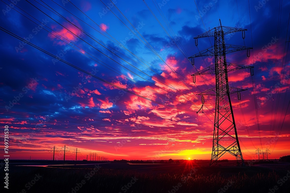 Fototapeta premium Visualize the silhouette of a high voltage electric tower set against the radiant glow of a sunset, where the dark outline of the structure stands in sharp relief against the colorful evening sky