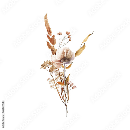 Fototapeta Naklejka Na Ścianę i Meble -  Watercolor boho elegant bouquet with dried grass, flowers, branches, leaves. Floral arrangement perfect for fabric textile, wedding greeting cards