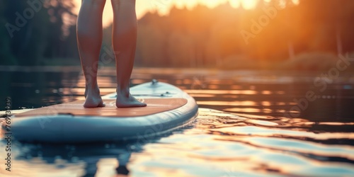 A person practicing yoga on a paddleboard in calm waters  embracing balance and serenity. 