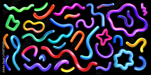 Collection of various 3D vector lines of various colors. Wavy lines, straight lines, star lines, circle connected lines, gradient lines.
