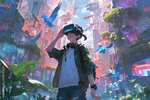 A young boy wearing VR glasses stands in the center of an colorful  glowing futuristic cityscape with holographic images floating around him. 