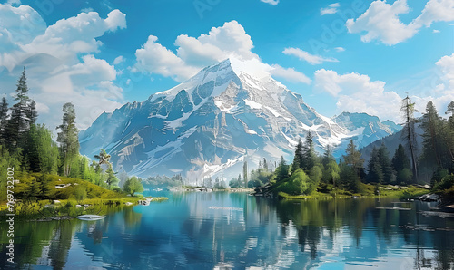 photo a painting of a mountain lake with a mountain in the background © Ilham