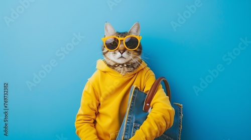 Entertaining feline in a yellow pullover and shades sits with a bag on a blue background