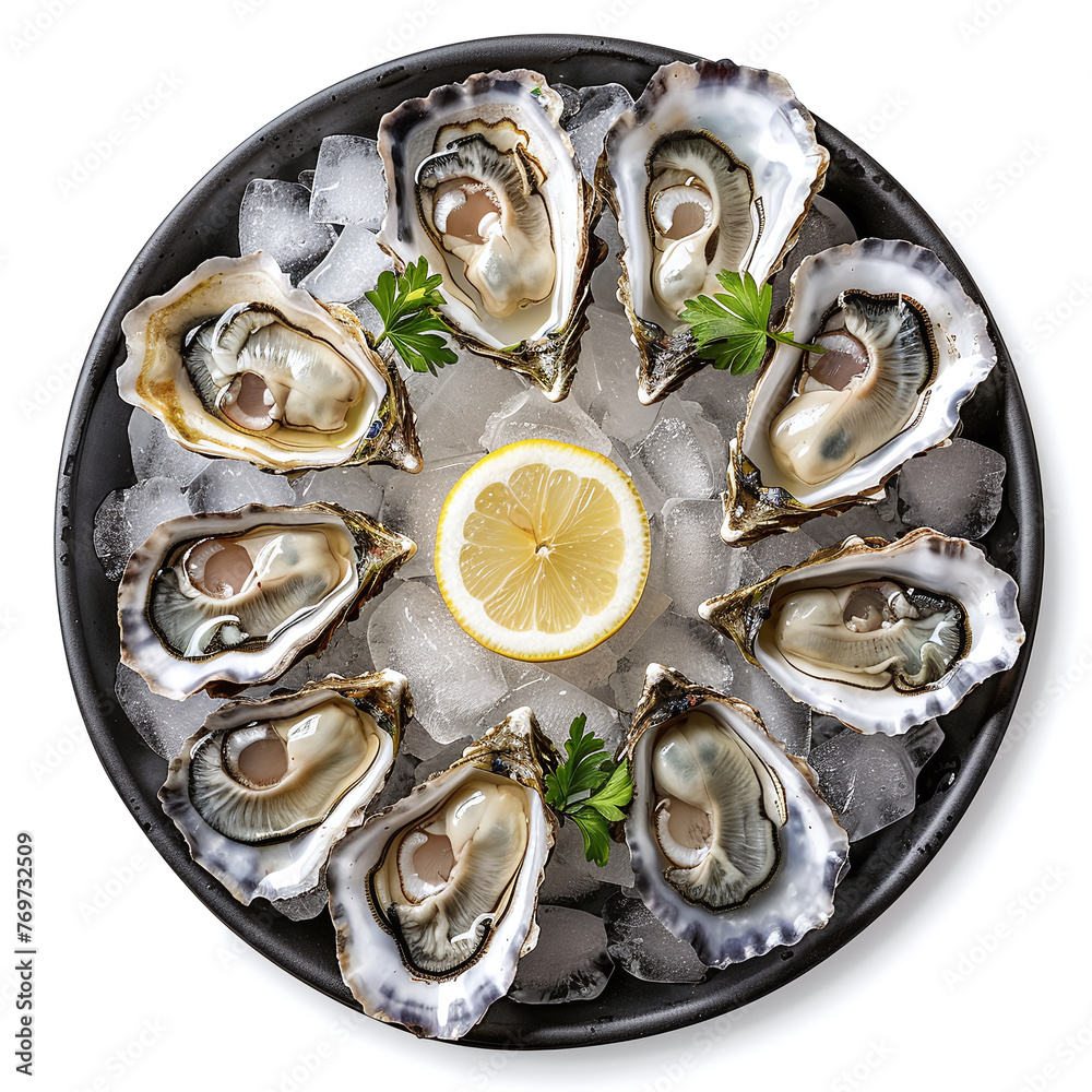 fresh oysters on ice platter with lemon, top view luxurious seafood isolated on white background fresh oysters on ice platter with lemon, top view luxurious seafood isolated on white background