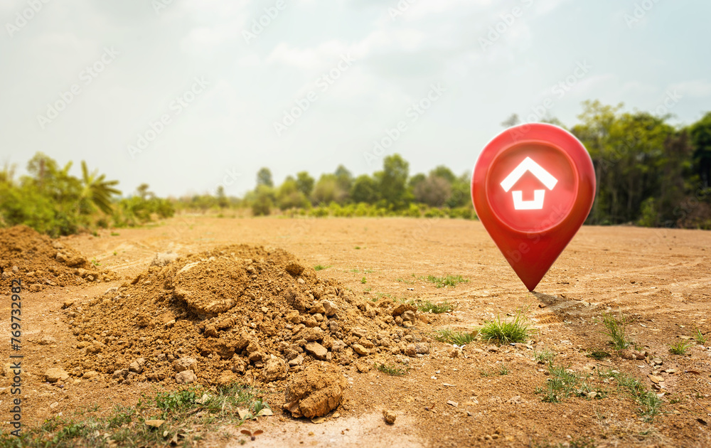 Foto de House symbol with location pin icon on empty dry cracked swamp ...