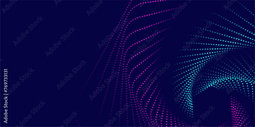 Fototapeta premium Flowing particles dots, wave pattern curve halftone shape isolated on dark background. Vector background concept of modern technology, science.