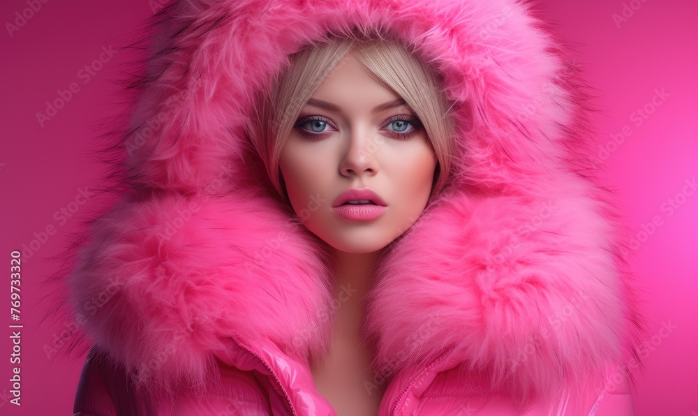 A young woman in a bright color short fur coat