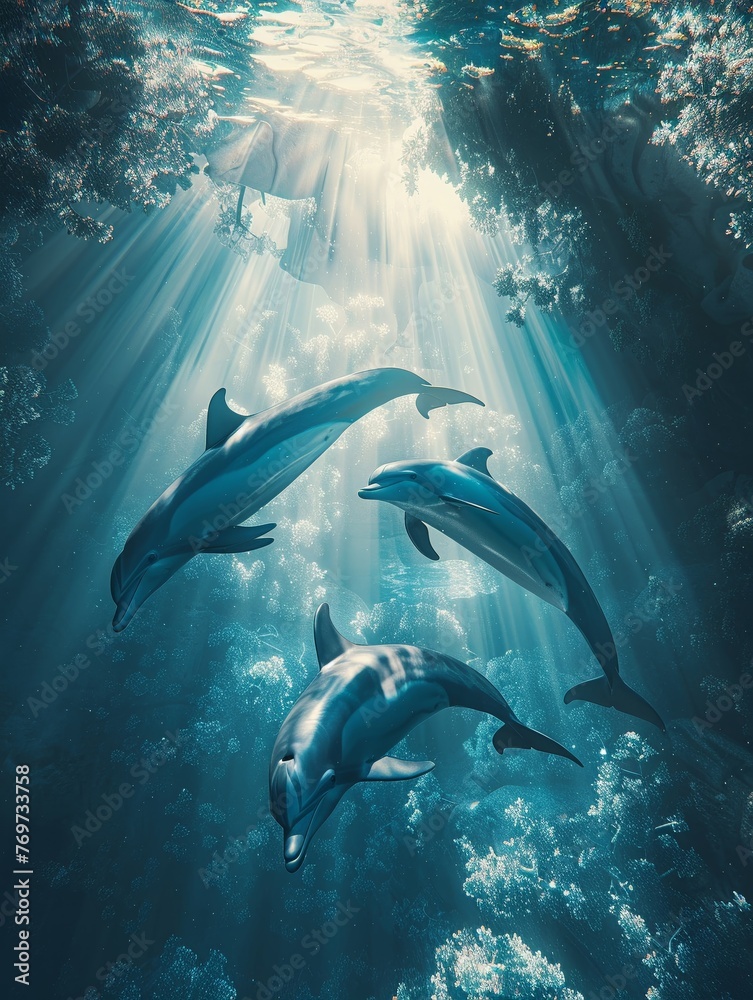 Fototapeta premium Beneath the shimmering surface of a sanctuary lake a graceful pod of dolphins glides elegantly Aerial view with sunlight filtering through the water creating a breathtaking scene