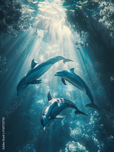 Beneath the shimmering surface of a sanctuary lake a graceful pod of dolphins glides elegantly Aerial view with sunlight filtering through the water creating a breathtaking scene