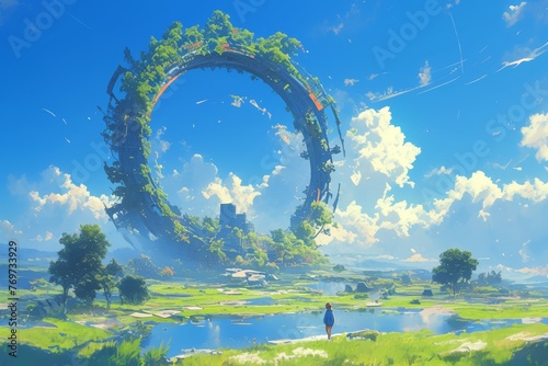 A person stands in the center of an endless field, surrounded by trees and grass that form circular shapes.