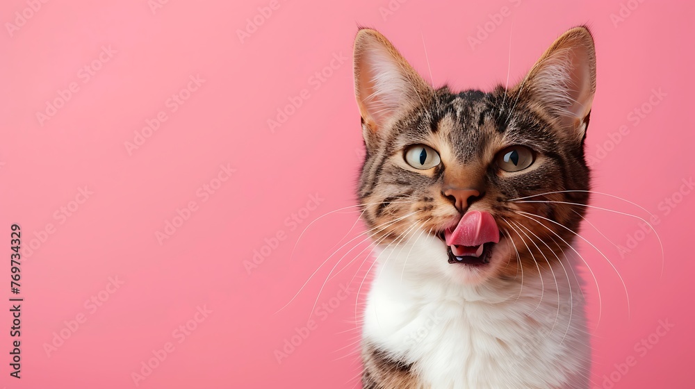 Obraz premium feline standing out tongue detached on pink background