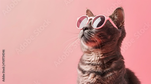 feline wearing pink shades secluded on a pink studio background