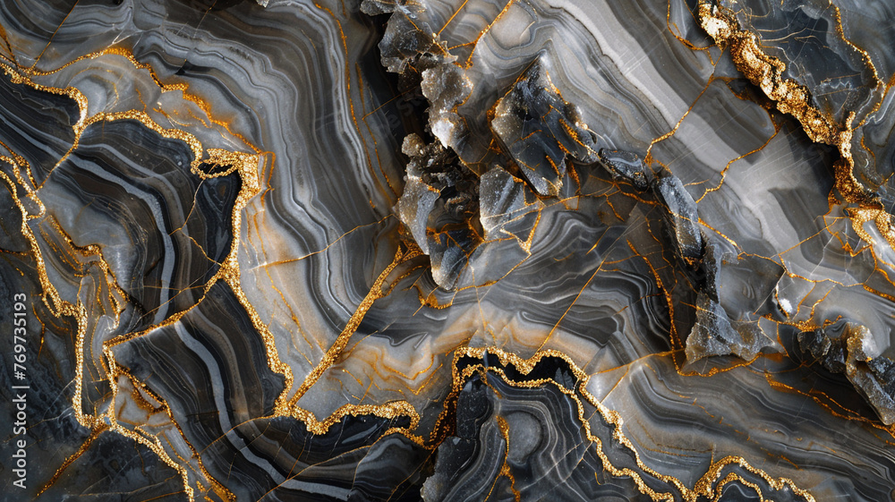 A close-up of a piece of dark gray marble, showing off its gold and white patterns that mimic natural landscapes. The high-resolution image brings out the depth and complexity of the patterns, 