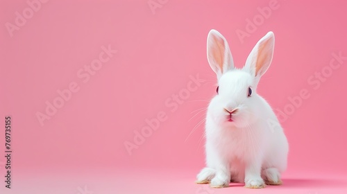 Front perspective on white adorable child cut hare remaining on pink background