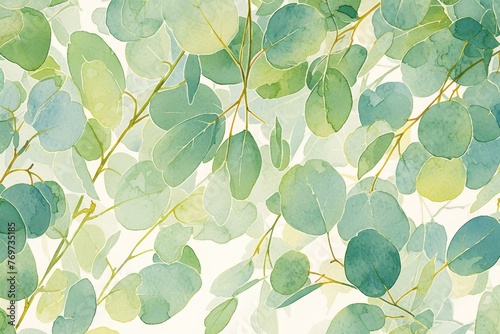 A watercolor painting of eucalyptus leaves in varying shades of green, with some showing subtle yellow edges and others showing the detailed veins within each leaf.