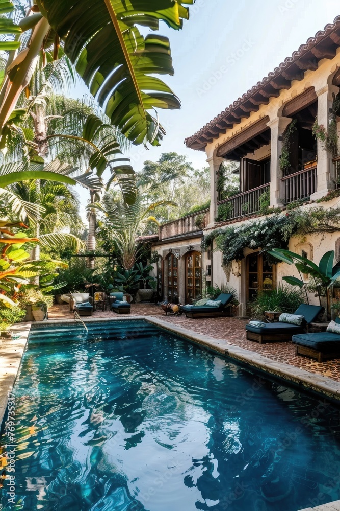 a large home swimming pool at the exterior backyard of big villa house with trees