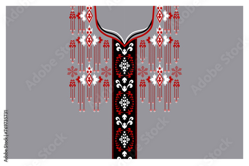Man neck embroidery, traditional black and red tone on grey  background, for man collar decoration.