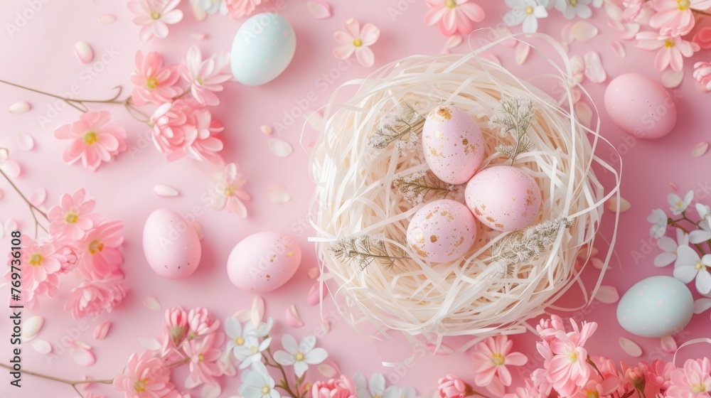Easter egg and flowers spring background