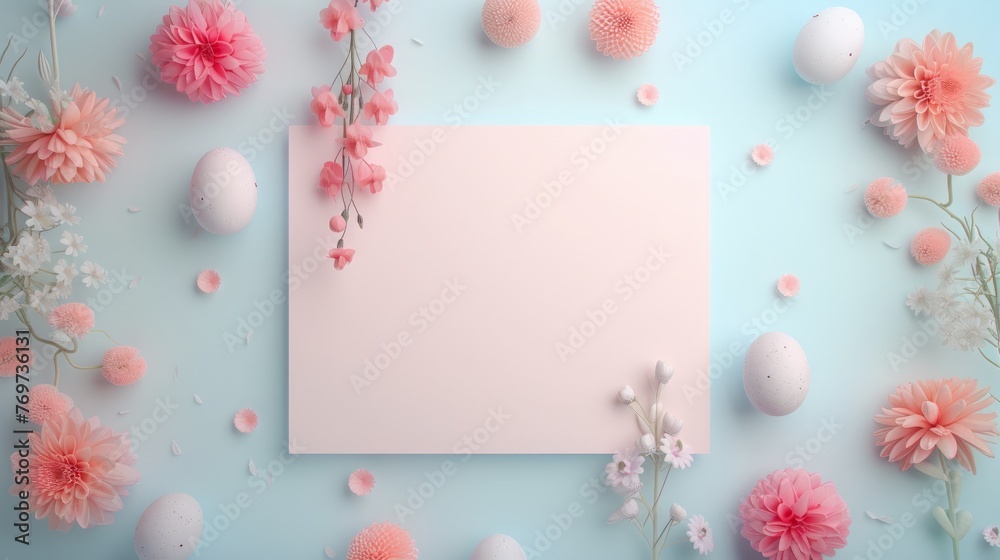 Easter eggs and flowers background top view Easter eggs and flowers background top view