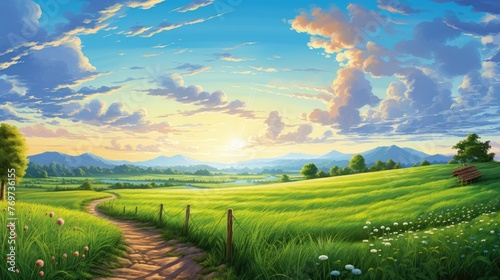 The painting Picturesque winding path through a green grass field in a hilly area in the morning at dawn against a blue sky with clouds. Natural panoramic spring-summer landscape.