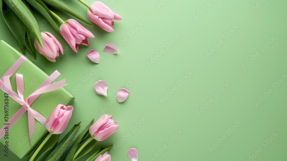 Tulip flowers top view, spring background